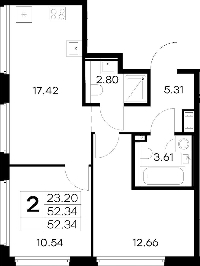 2-комнатная квартира 52.34 м², 11/18 эт., ЖК «Glorax City Василеостровский»